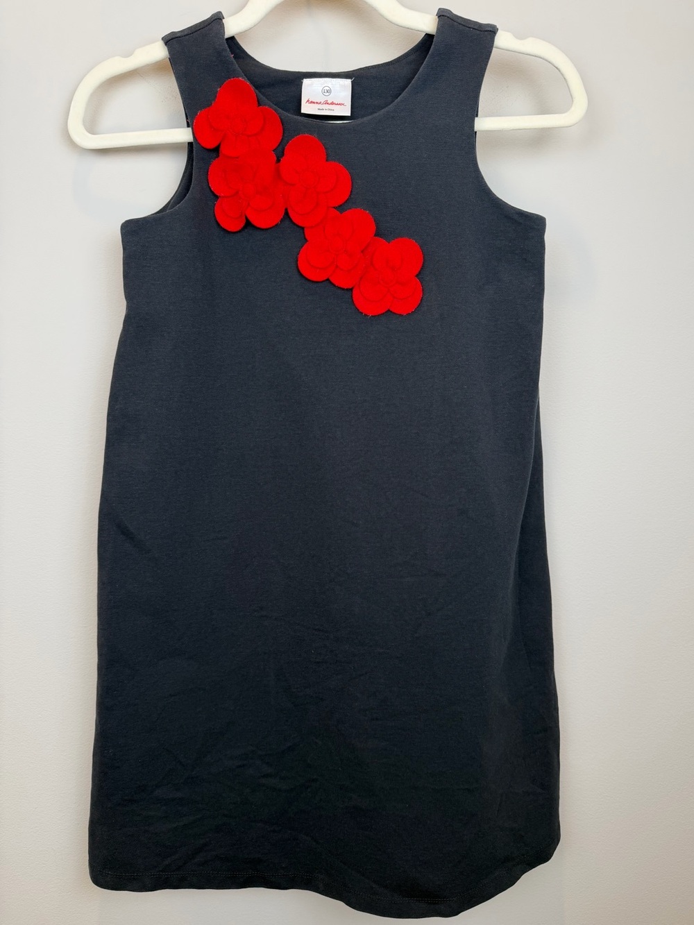 Hanna Andersson Girls 8/130 Navy Dress Red Floral Appliqué